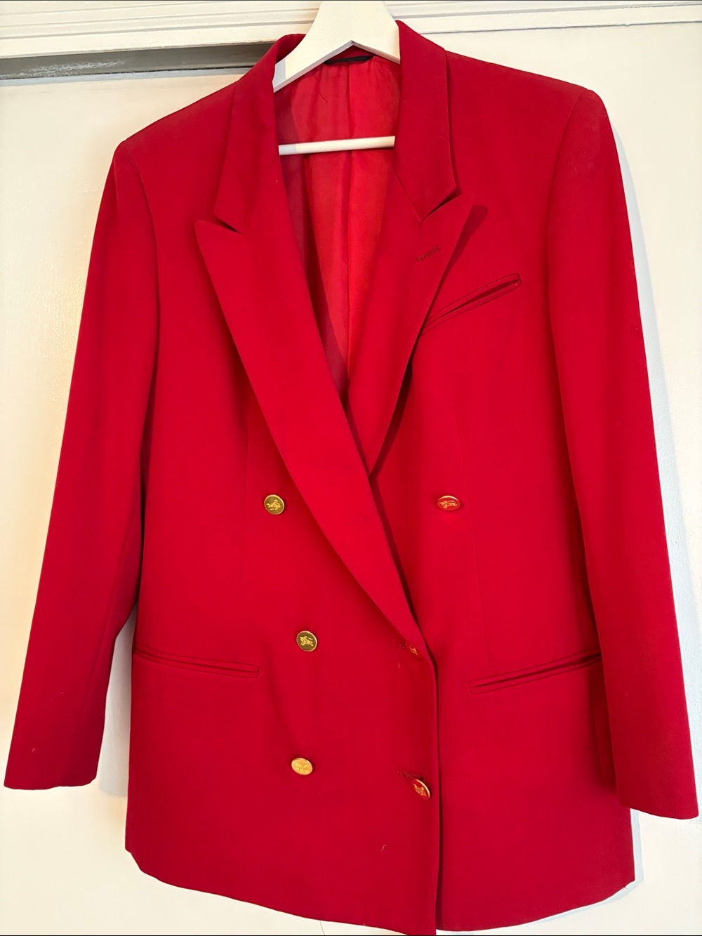 Burberry Red Double-Breasted Blazer with Gold Buttons